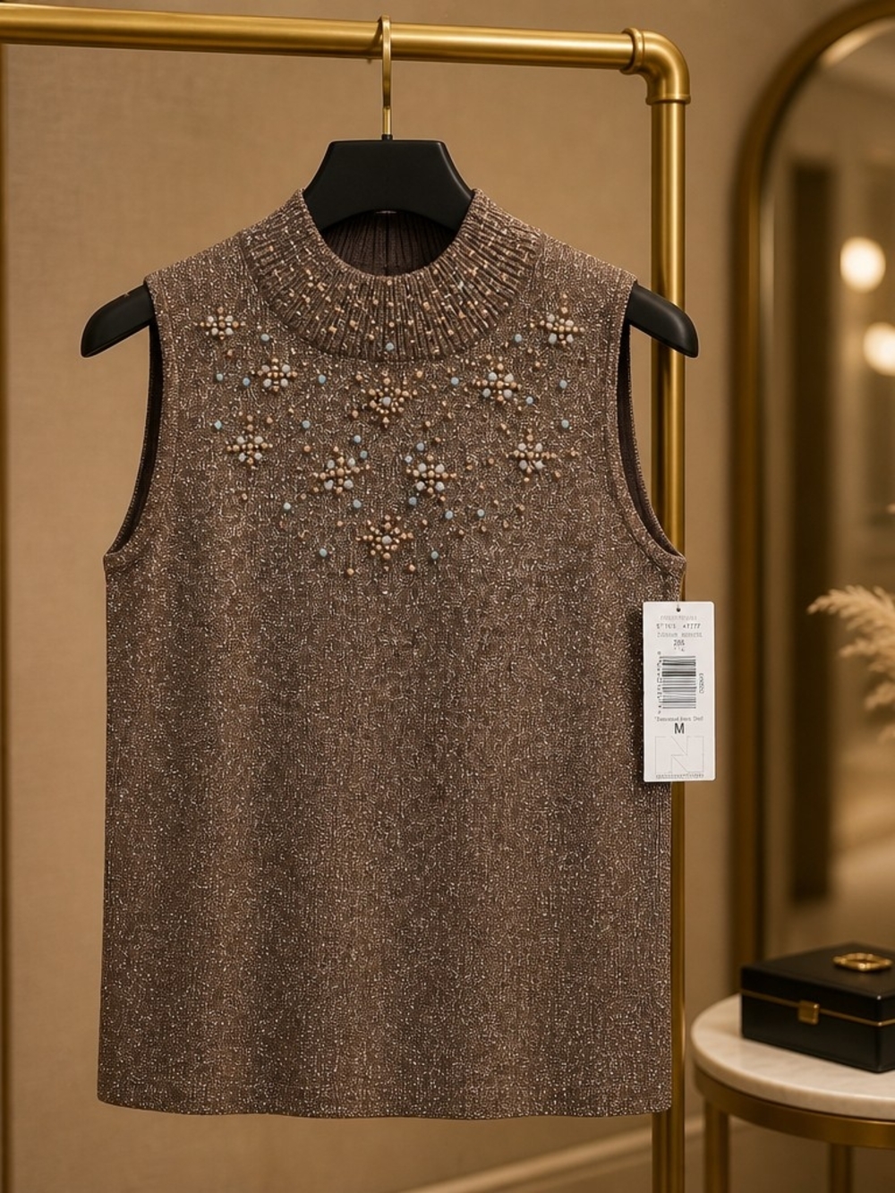 TanJay Metallic Brown Embellished Sleeveless Knit Top